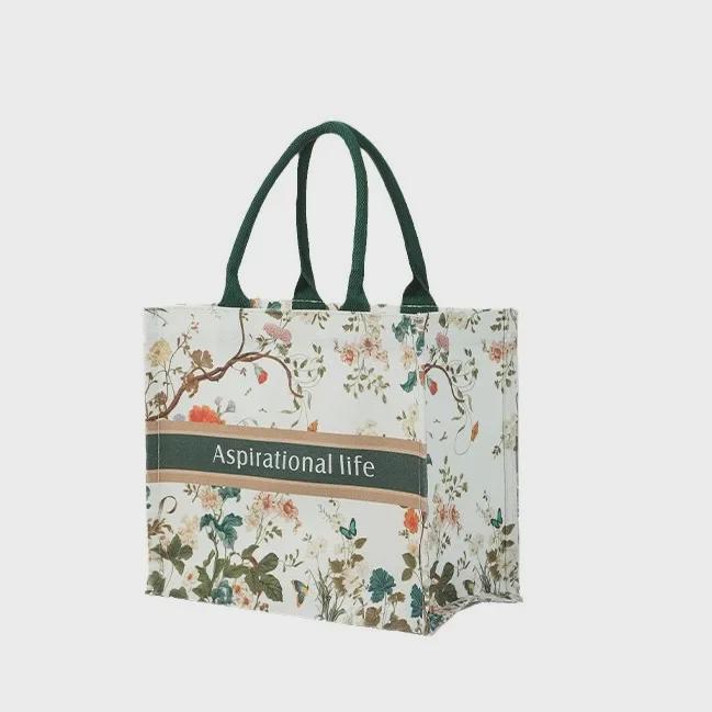 Große Tragetasche aus Canvas mit 3D-Blumenmuster und individuellem Band – ideal für Firmenwerbung
