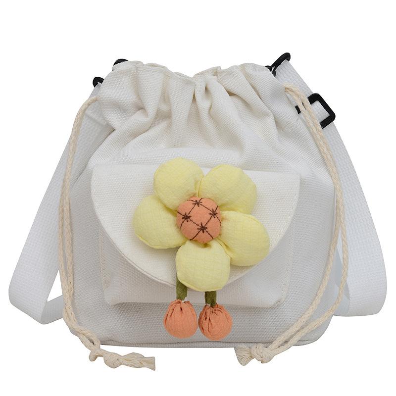 Personalized Design Flower Drawstring Messenger Bag Women's Foreign Style Canvas High Value Shoulder Bag Small Fresh Bucket Bag