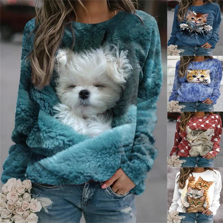 Spring Autumn Women Plus Size Pullover Casual Animal Print Hoodies Long Sleeved Round Neck Sweatshirt