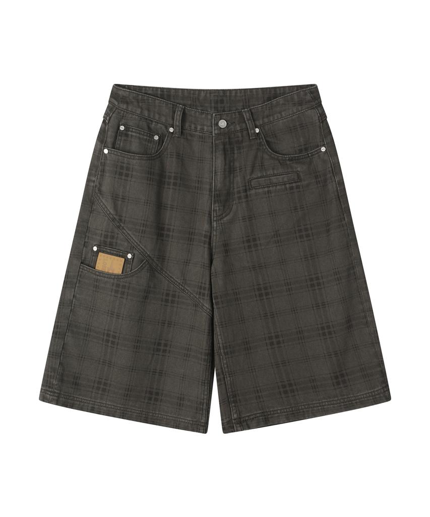 Lujeoseukeulleob Check Pattern Washed Bermuda Cotton Pants Khaki