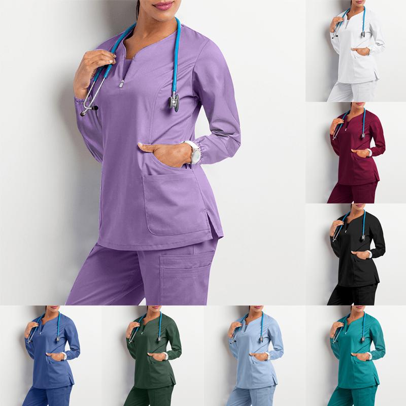 High Quality Unisex Hospital Workwear Long Sleeves Stretch Scrub Top Nurse Uniform V-neck With Pocket