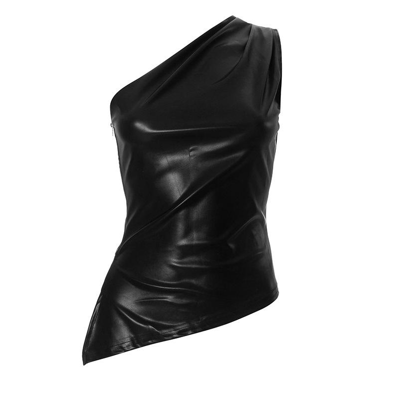 2025 Fall Snd Winter New Pure Color Slim Sleeveless One-Shoulder Slanting Collar Zipper Show Thin Jacket