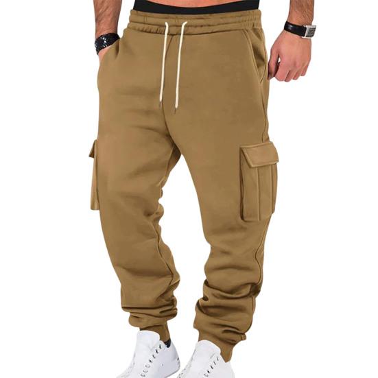 Men Cargo Pants Mid-rise Adjustable Waist Drawstring Casual Trousers with Reinforced Pockets Versatile Casual Wear