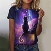 3D Geprint Nachtkat T-shirt Voor Dames Kleurrijke Sterrenhemel Grafische T-shirts Zomer Casual T-shirts Korte Mouwen Ronde Hals Tops