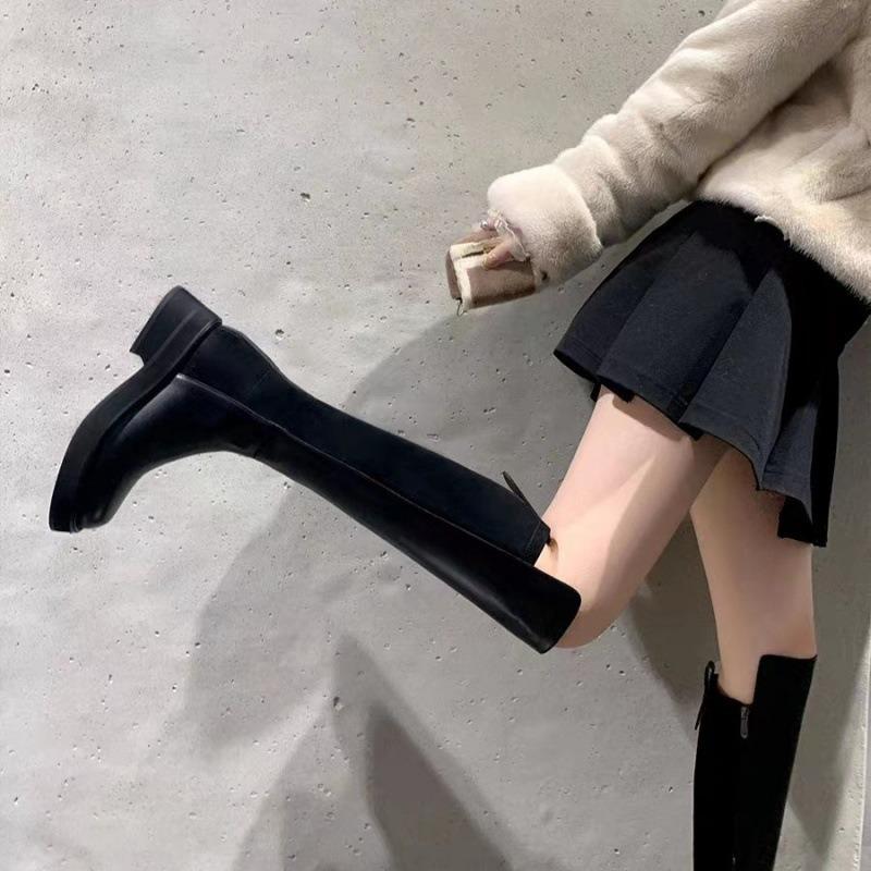 Cowhide Thick-soled Small Medium-length Boots Elastic Knight Boots Women's Autumn and Winter Leather High Boots