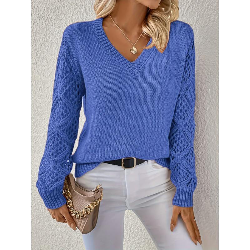 Women's Autumn and Winter Knitted Hollowed-out Long-sleeved V-neck Pullover Sweater