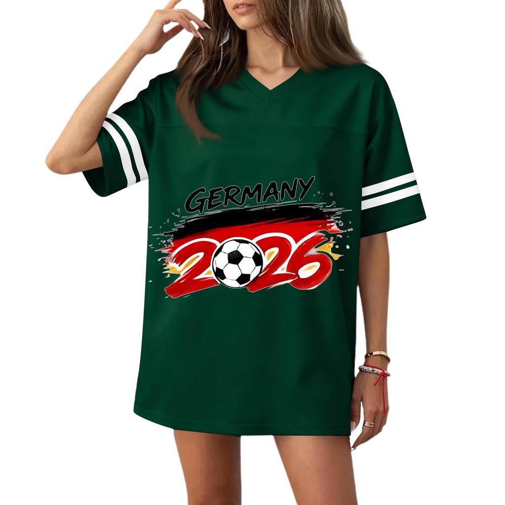 Women’s Casual V Neck Football Jersey Style Short Sleeve T Shirt with Germany Flag and Soccer Ball Print for Sports and Wear 2026
