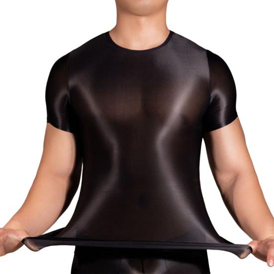 Men T-shirt Thin High Elasticity Round Neck Short Sleeves Slim Fit Good Breathability See-through Glossy Surface Top