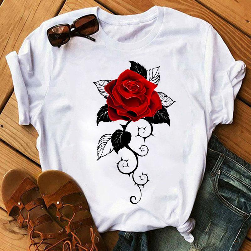 Women's Fashion T-shirt Rose 3D Printing Daily Casual Short-sleeved Shirt Summer Round Neck Simple Street Women's Clothing