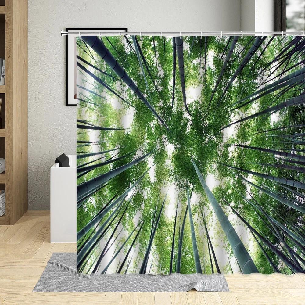Bamboo Shower Curtain Bathroom Home Decor Green Plants Landscape Bath Curtains With Hooks Polyester Waterproof Fabric Washable
