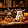 Kleine Harzfiguren Halloween Hochlandrind Figur Kürbis Geist Statue Bauernhaus Dekor Herbst Tischdeko für mehrstöckige Tabletts Regale und Kaminsimse Schreibtisch