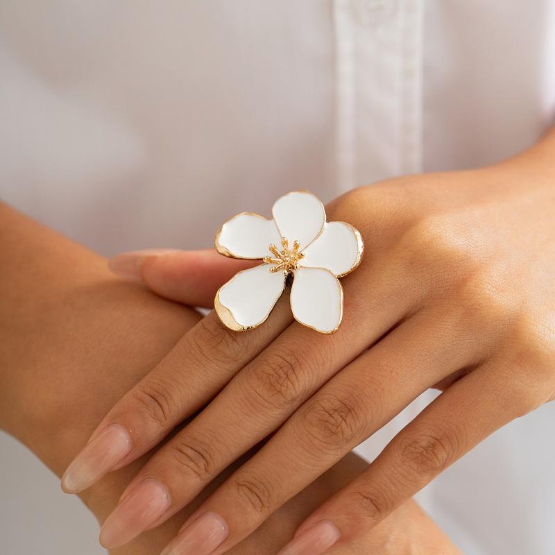 Anillo Ajustable de Flor Blanca Elegante Vintage Para Mujer Abierto Grueso Nupcial Boda Joyería de Dedo Pétalos