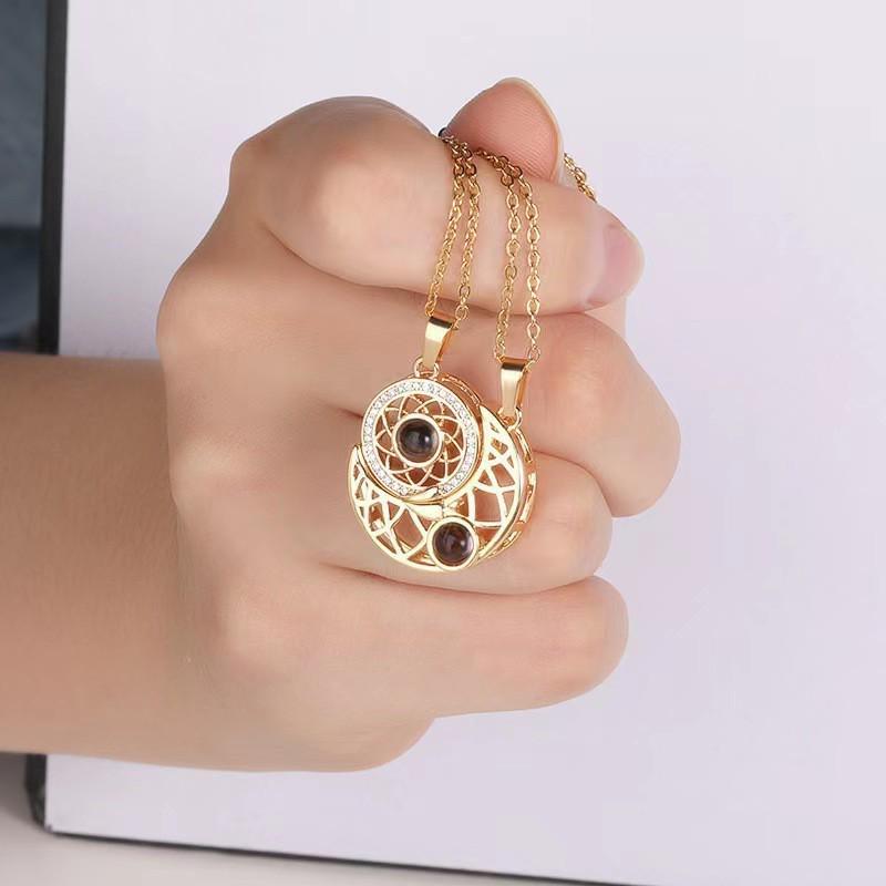 Sun Moon Heart Projection Necklace Set - Unique Pendant Design for Couples