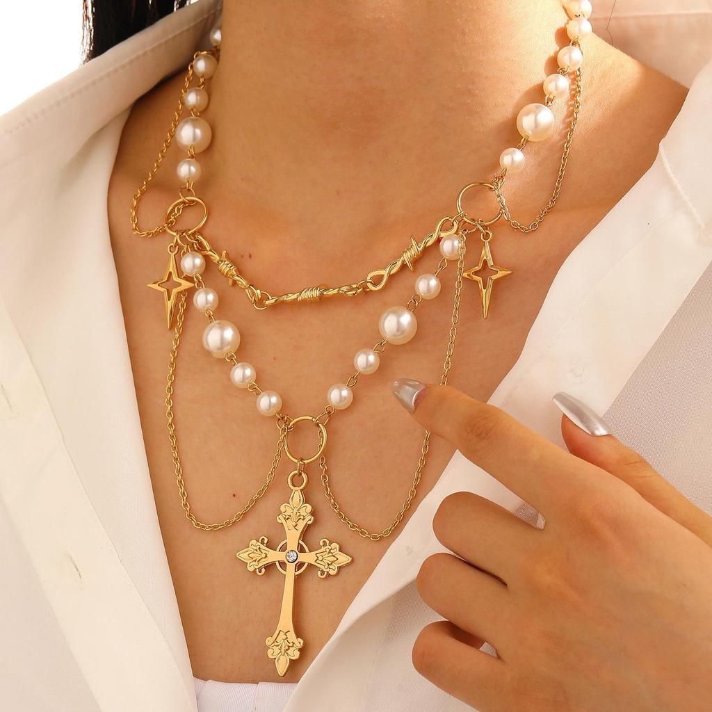 Dámský geometrický náhrdelník s křížkem ve tvaru diamantu - Evropský a americký punkový hip-hopový choker