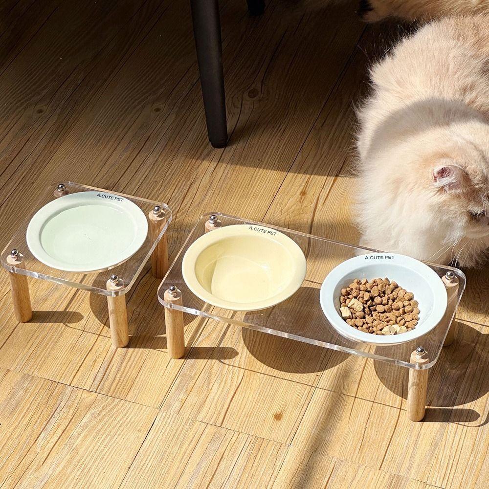 Single/Double Bowl Cat Bowl with Acrylic Stand Protect Cervical Spine Anti-Spill Ceramic Pet Food Basin Increased Height