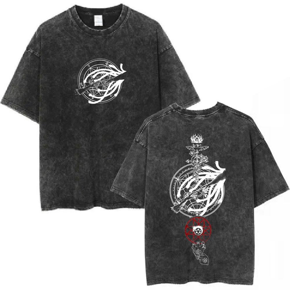 Vintage Washed Anime Fullmetal Alchemist Edward Elric Alphonse Elric TShirt Men Women Fashion Casual Cotton Oversized Tshirts