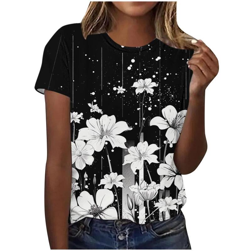 3D Rose Daisy Printed Women's T-shirt Summer Fashion Flower Pattern Short Sleeve Top Oversized Women's T-shirt Casual Girls' T-shirt