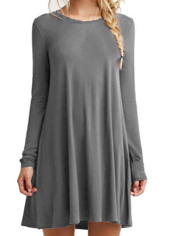 Damen Langarm Plissee Swing Locker Kleid Damen Einfarbig Rundhals Freizeitkleid