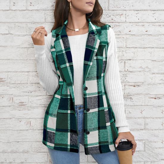 Damen Weste Mantel Herbst Frühling Karomuster Umlegekragen Ärmellos Button Down Warm Mittellang Retro Weste Alltagsjacke