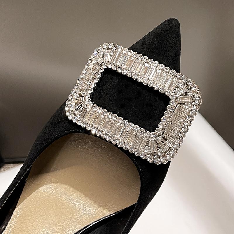 Square buckle rhinestone black high heels women's thin heels 2025 spring and autumn new professional pointed French single shoes
