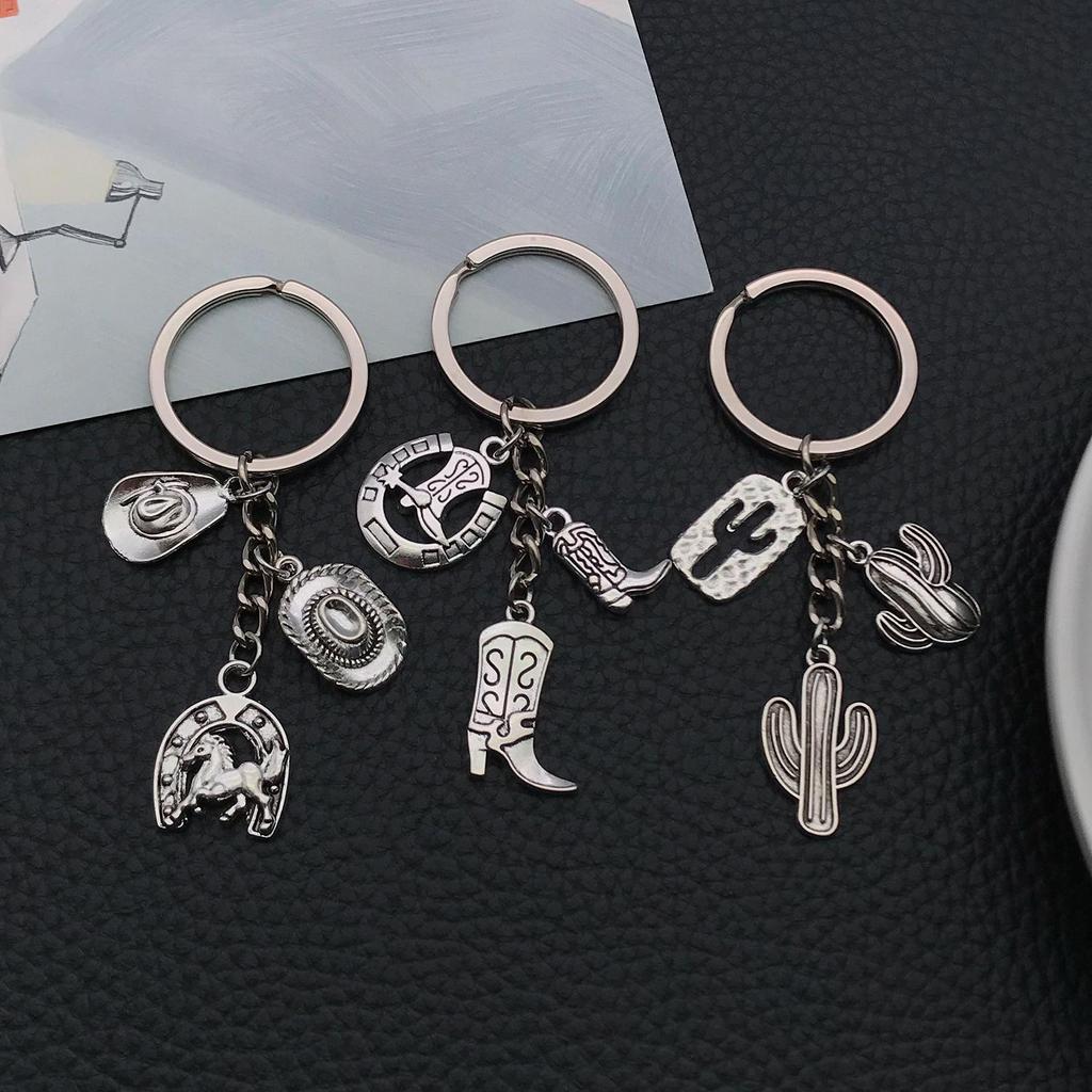 Niche Western Wild Horse Boots Cactus Alloy Keychain Pendant