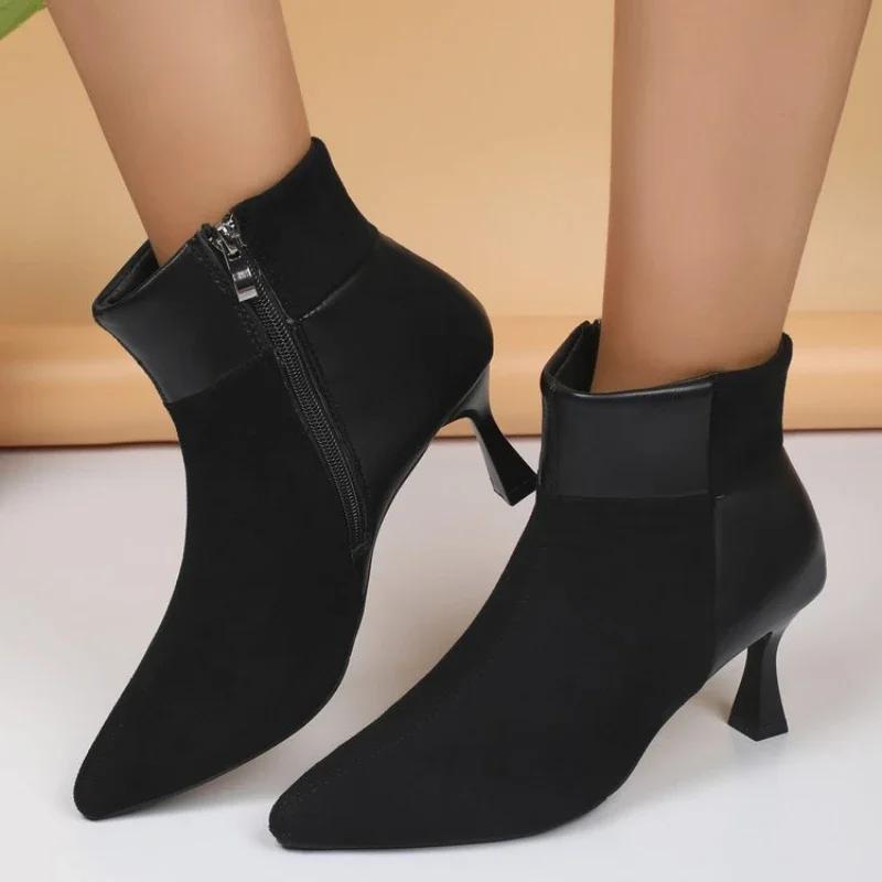 2024 Autumn High Heels Ankle Boots Plus Size Leopard Women Boots Retro Pointed Ladies Shoes Side Zipper Booties