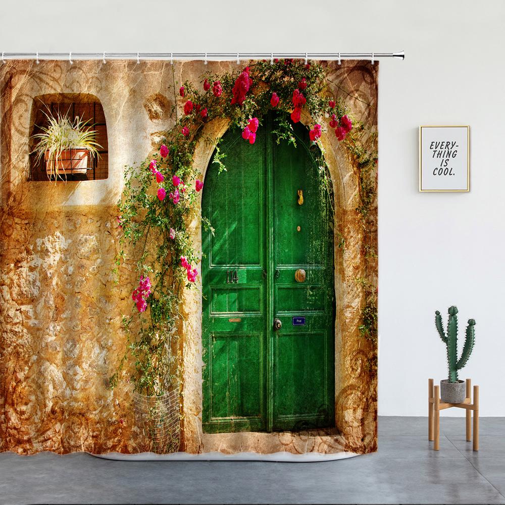 Landscape Street Flower Shower Curtain Retro Italian Old Town Architecture Floral Waterproof Cloth Bathroom Curtains Decor Hooks