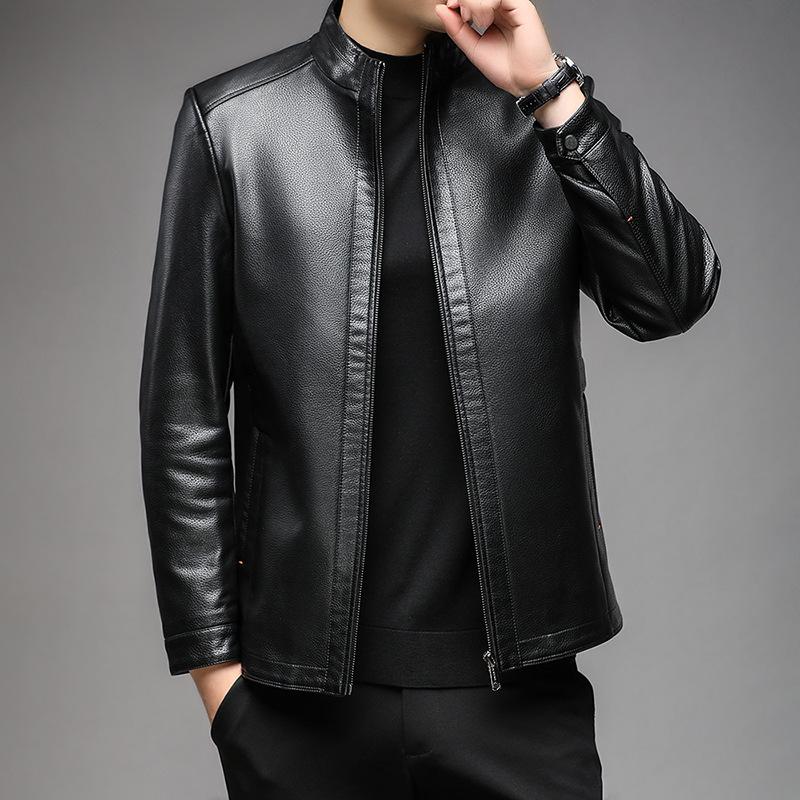 Spring and Autumn Middle-aged Men's Leather Jacket Short Stand-up Collar Pu Leather Velvet Dad Leather Jacket