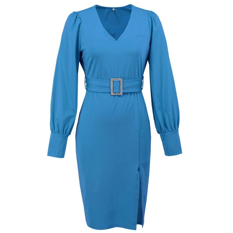 Vestito sottile professionale autunno/inverno scollo a V manica lunga cintura avvolgente fianchi maglia vestito da donna
