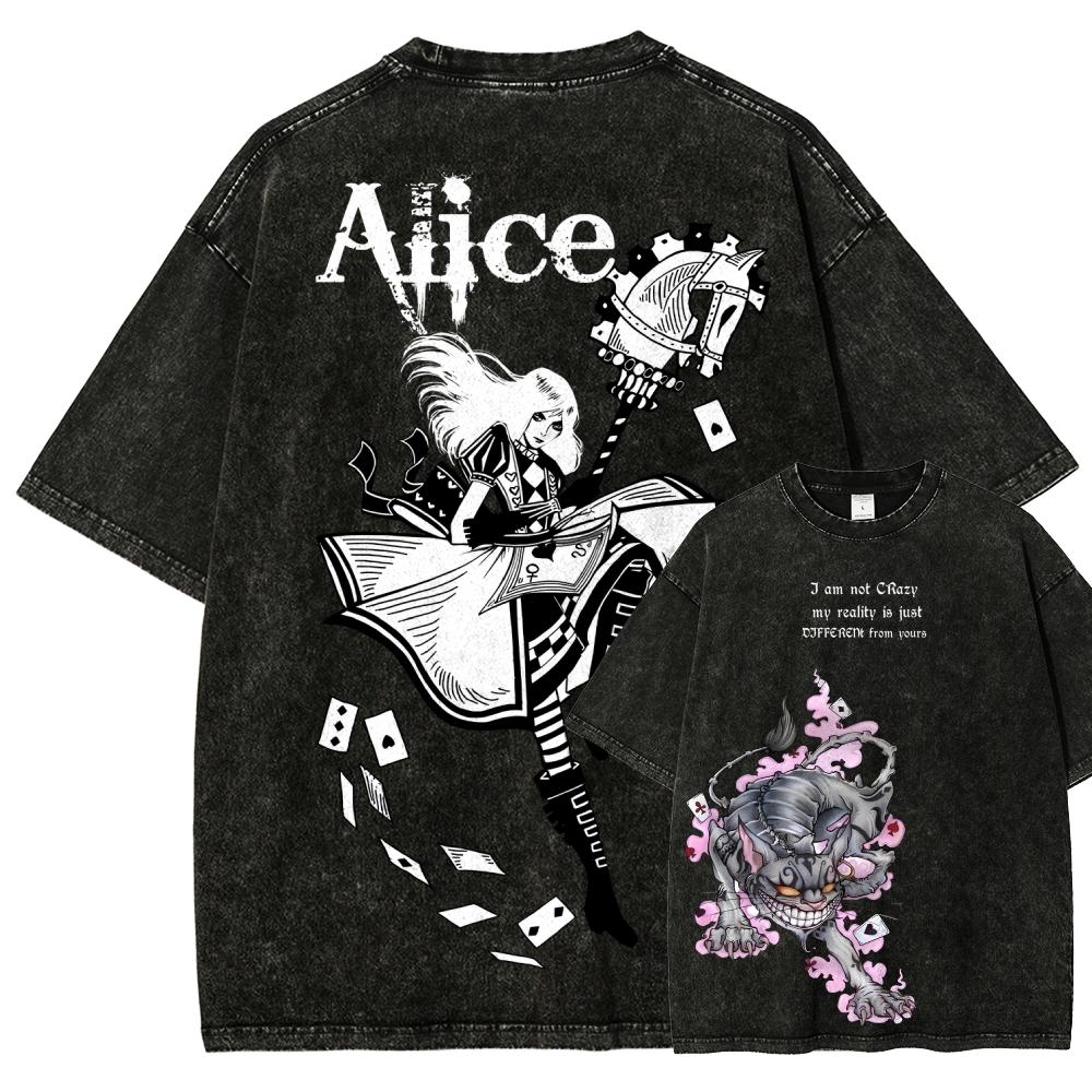 Camiseta Gráfica Lavada Vintage Alice Madness Returns Unisex Cuello Redondo Manga Corta Algodón Casual Streetwear Moda Camisetas Tops para Hombres Mujeres