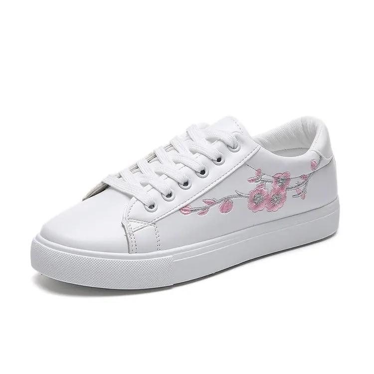 Modische Schuhe 2024 Damen Walking Frühling Herbst Mode Weiß Atmungsaktiv Bestickte Blume Schnürschuhe Freizeit-Sneakers