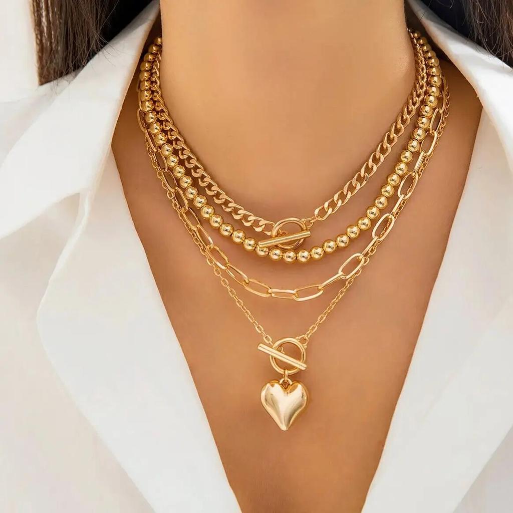 4Pcs/Set Punk Gold Color Heart Pendant Necklace for Women 2026 Trendy OT Buckle Beaded Neck Chain Choker Y2K Jewelry Accessories