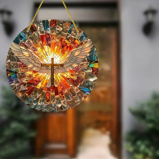 Engel Flügel Sonnenfänger Hängende Dekoration Buntglas 2D Flaches Acrylglas Fenster Wandbehang Rundes Schild Ornament Christliches Religiöses Geschenk