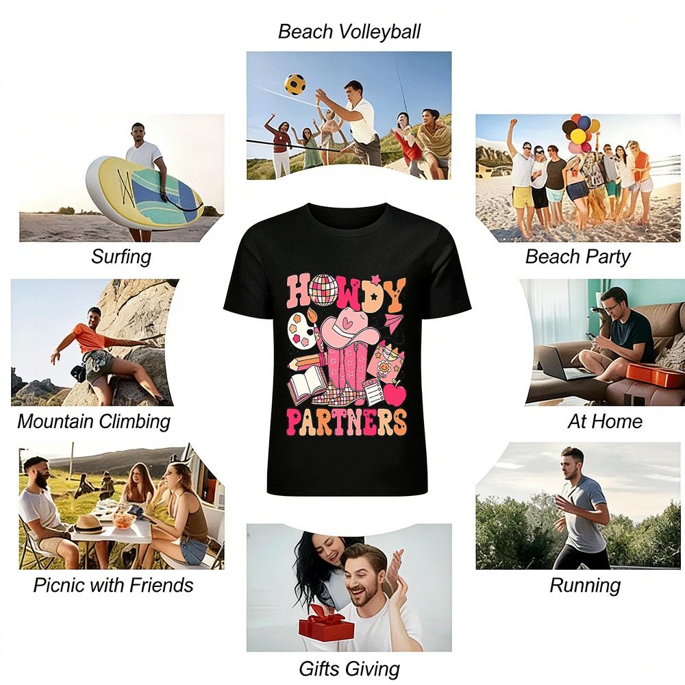 Howdy Partners Western Campus Style Cowboy Element Casual T-Shirt Pure Cotton T-shirt