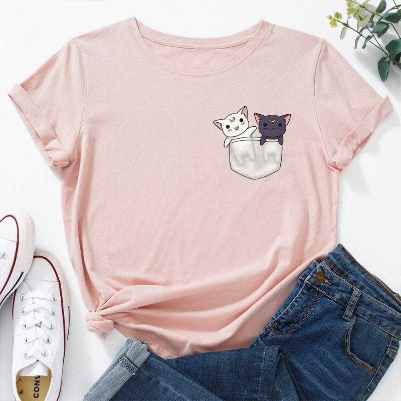 Summer Women's Cute Cat Print Loose Round Neck Pure Cotton Short Sleeved T-Shirts Women’s