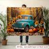 2D Rustic Thanksgiving Truck Backdrop Featuring Sunflowers, Pumpkins and Glowing String Lights