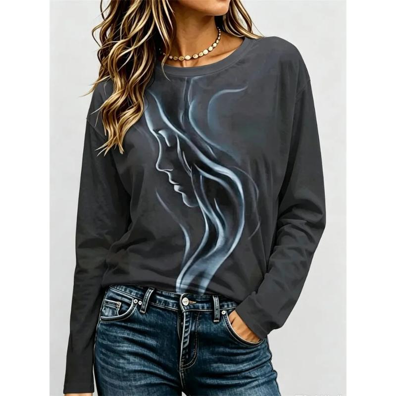 3D Casual Color Printing Casual Long SleeveFashion Women's Crew Neck Long Sleeve Crew Neck T-Shirt