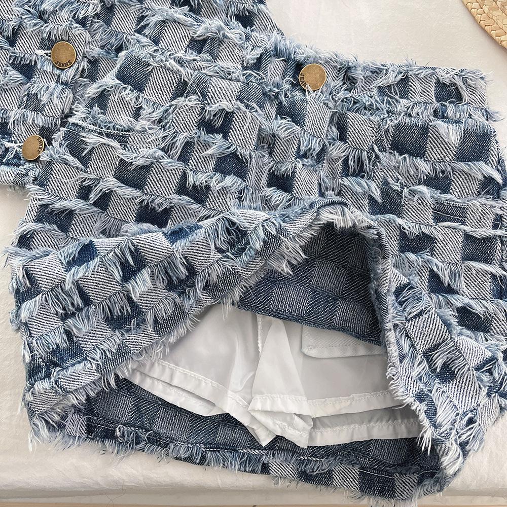 Mädchen Jeans-Outfit Sommer Neu Karierte Jeansweste + Rock Zweiteiliges Set Für Baby Mädchen