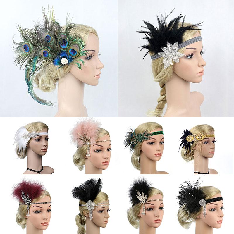 Women Party Headpiece Performance Headwear Rhinestone Sequin Hair Accessories Elastic Indian Feather Headband Masquerade Vintage