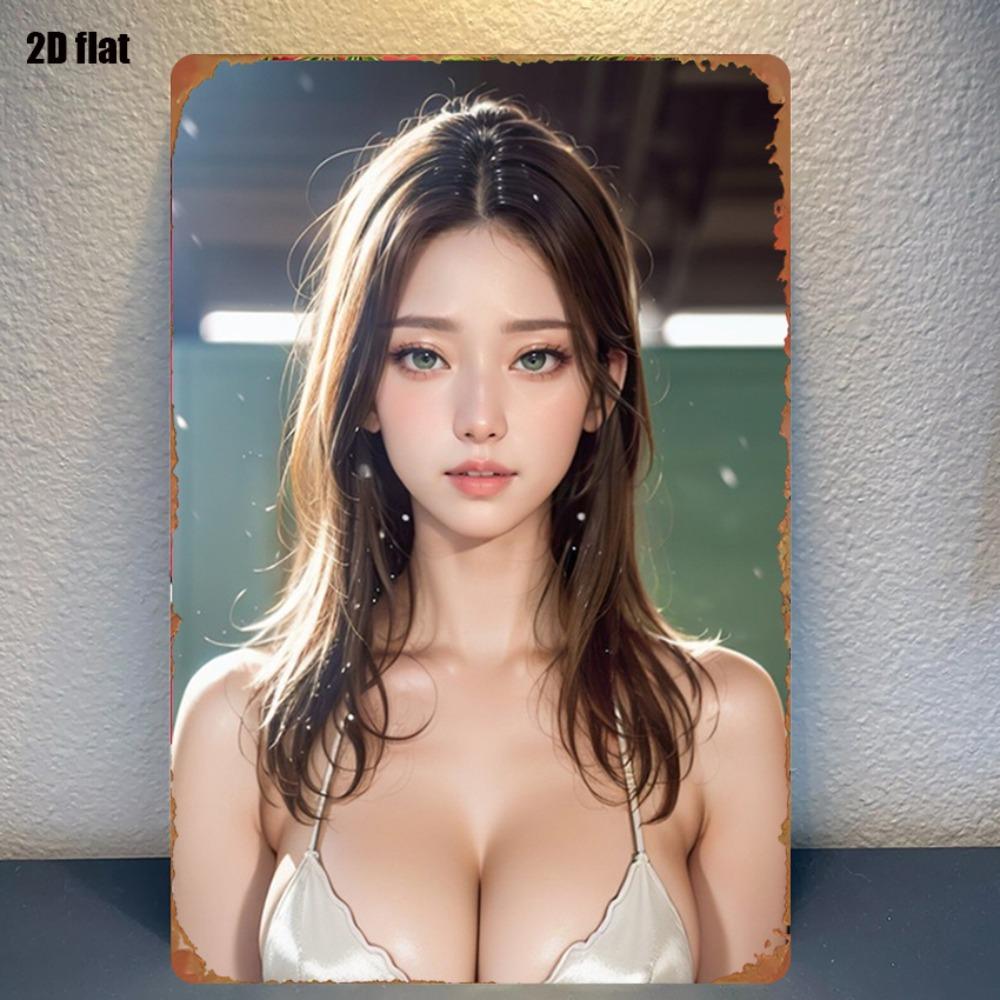 Sexy Asian Young Woman In White Scalloped Edge Bralette with Wavy Hair Metal Tin Sign Vintage Iron Painting Wall Art Decor F