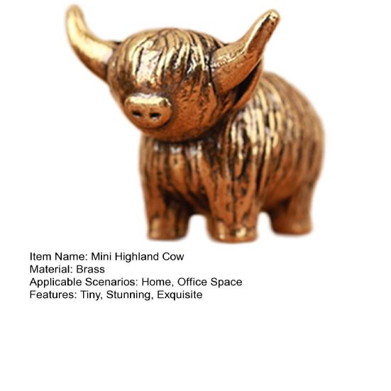 Mini Copper Highland Cow Figurine Miniature Vintage Brass Highland Cow Small Cow Sculptures for Home Office Bookshelf Micro Landscape Accessory