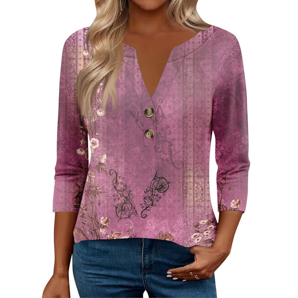3/4 Sleeve Womens Tops For Women Henely Tops Button V Neck  Loose Fit Dressy Womens Summer Tops