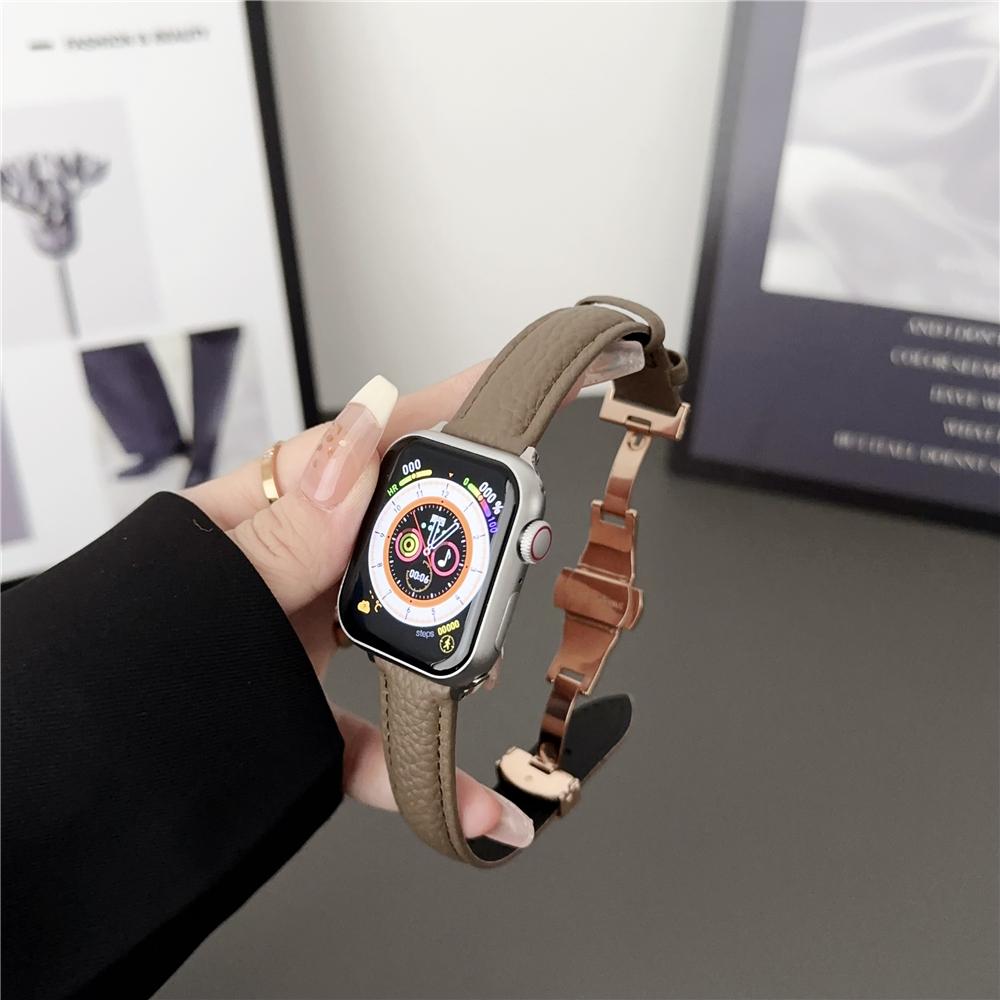 Lychee Pattern Leather Band for Apple Watch Series Ultra 49mm Fold Clasp Watch for iWatch 9 8 7 6 5 4 3 2 Se 41mm 45mm 40mm 44mm 38 42mm Accessories