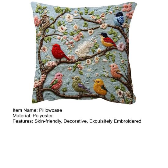Embroidered Throw Pillow Cover Flower Tree Bird Cushion Cover Decorative Pillow Cover with Zipper for Living Room Sofa Couch Bed