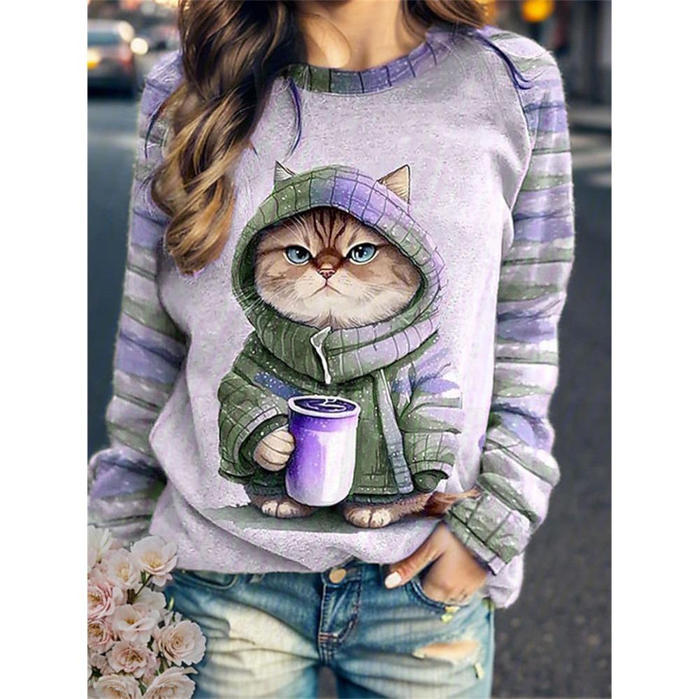 Women's Round Neck Hoodie Animal Cat 3d Printed Shoulder Style Clothing