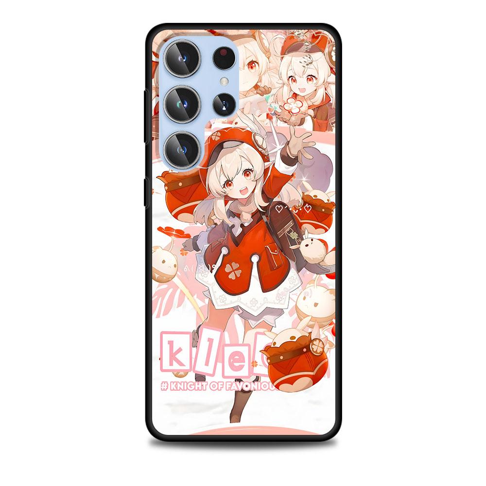 Coque Genshin Impact Klee pour Samsung Galaxy S23 S21 S20 FE S24 S22 Ultra S10 S10e S9 Plus Bumper Coque de téléphone souple en TPU noir