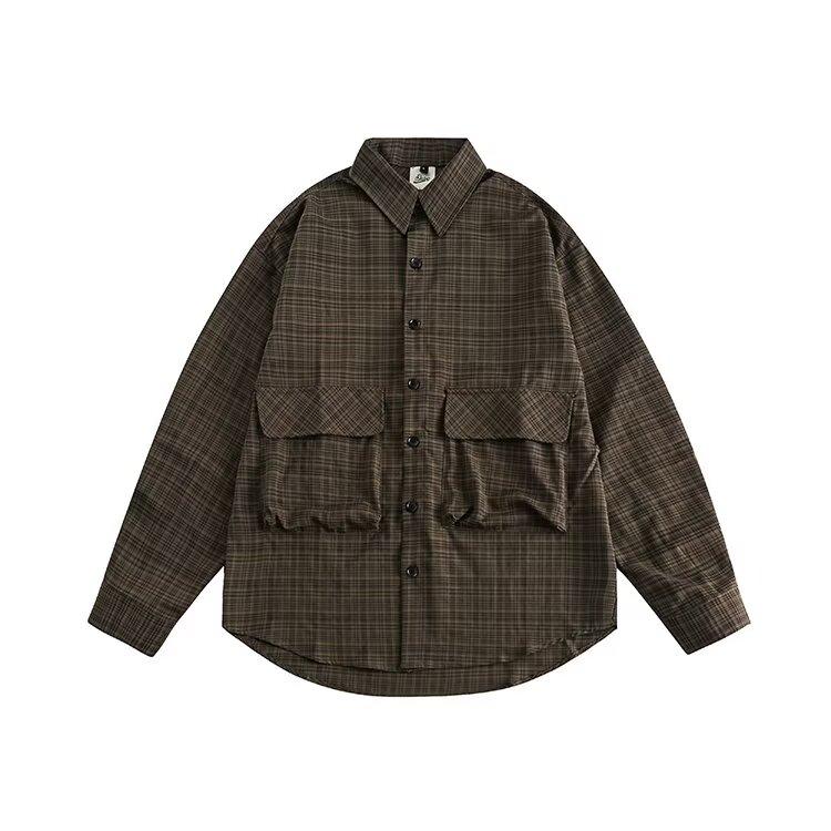 Chemise à carreaux à manches longues de style rétro japonais pour hommes et femmes, chemise vintage à poches multiples pour couple, couleur contrastée