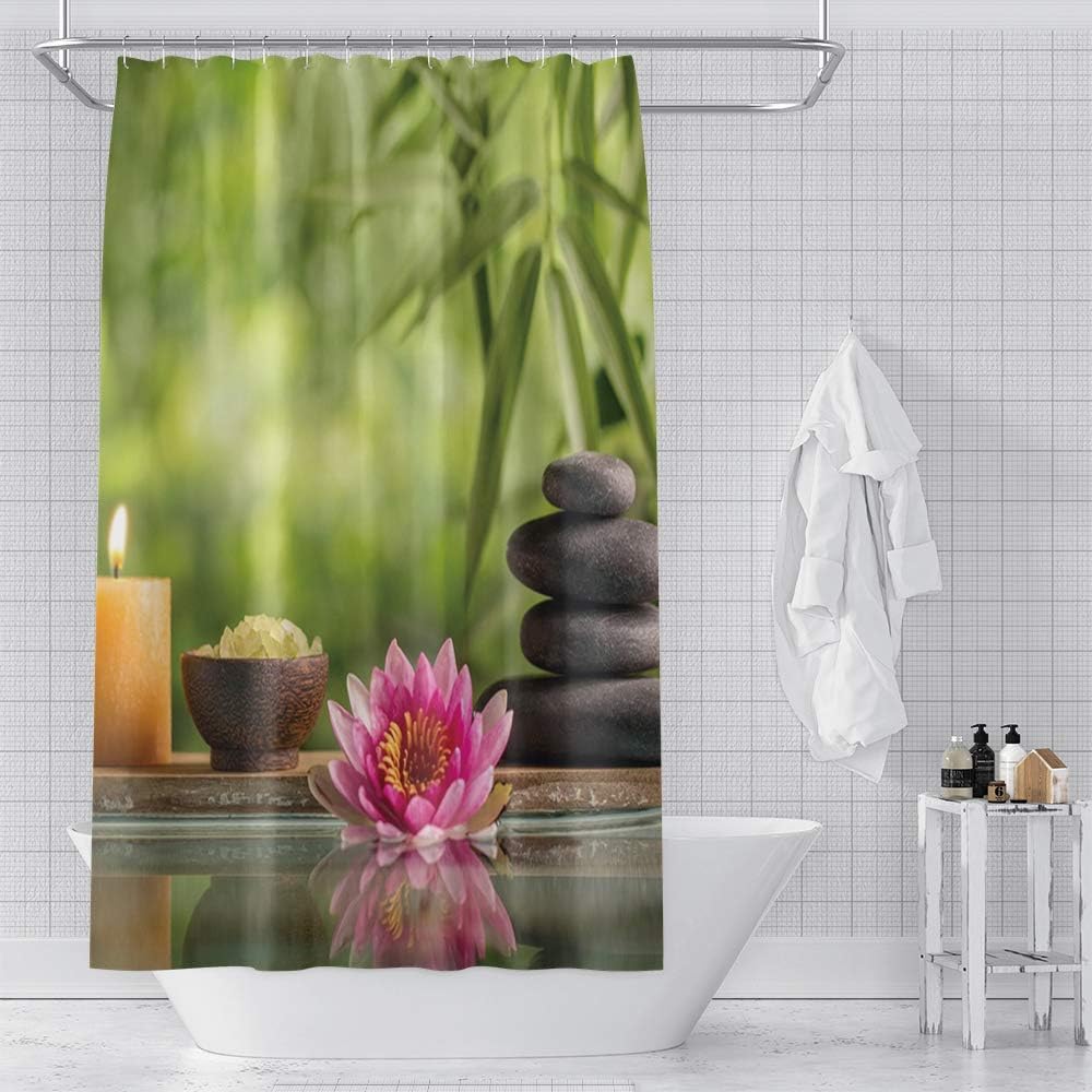 Casual Style Shower Curtain Zen Spa Balanced Stone Wild Grass Reflection In Water Meditation Still Life Art Design Bath Curtain