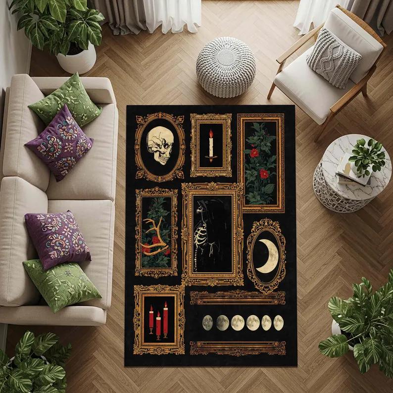 Rabenkrähe Schädel Gotischer Teppich Okkulter Krähen Dekor, Dark Academia Teppich Mystischer Hexenhafter Heimteppich Gruseliges Goth Zimmer Schädel Kunst Fußmatte