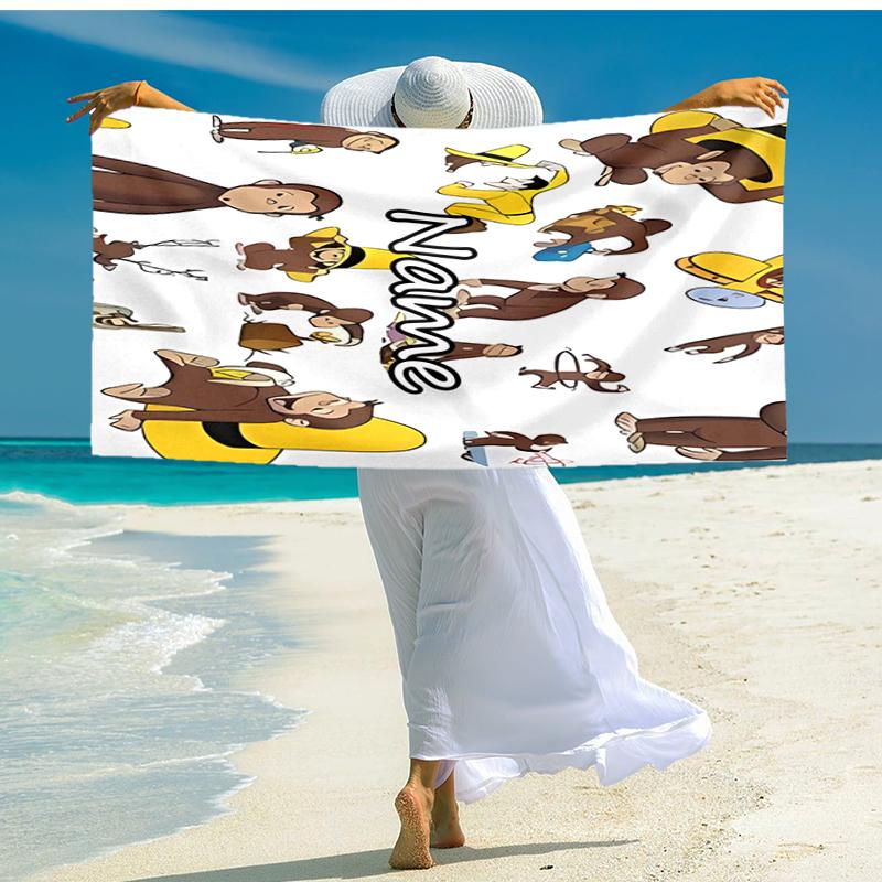 Personalized customized proof beach towel with Curious George pattern - soft, absorbent, quick-drying, perfect swimming, camping&bathing